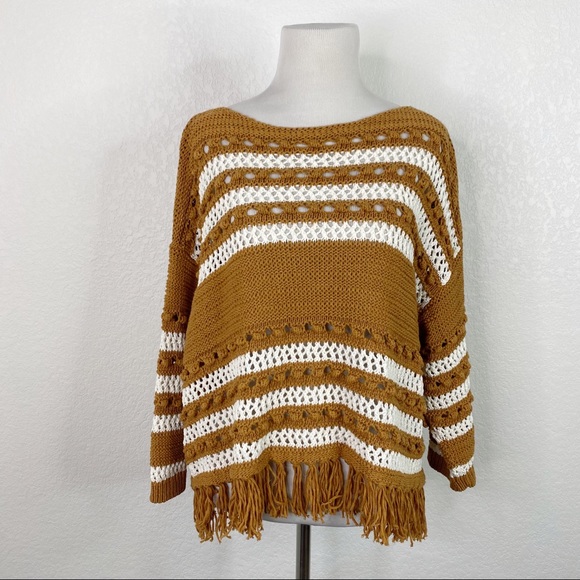 Lou & Grey Sweaters - Lou & Grey for LOFT Mustard Yellow & White Open Knit Fringe Sweater